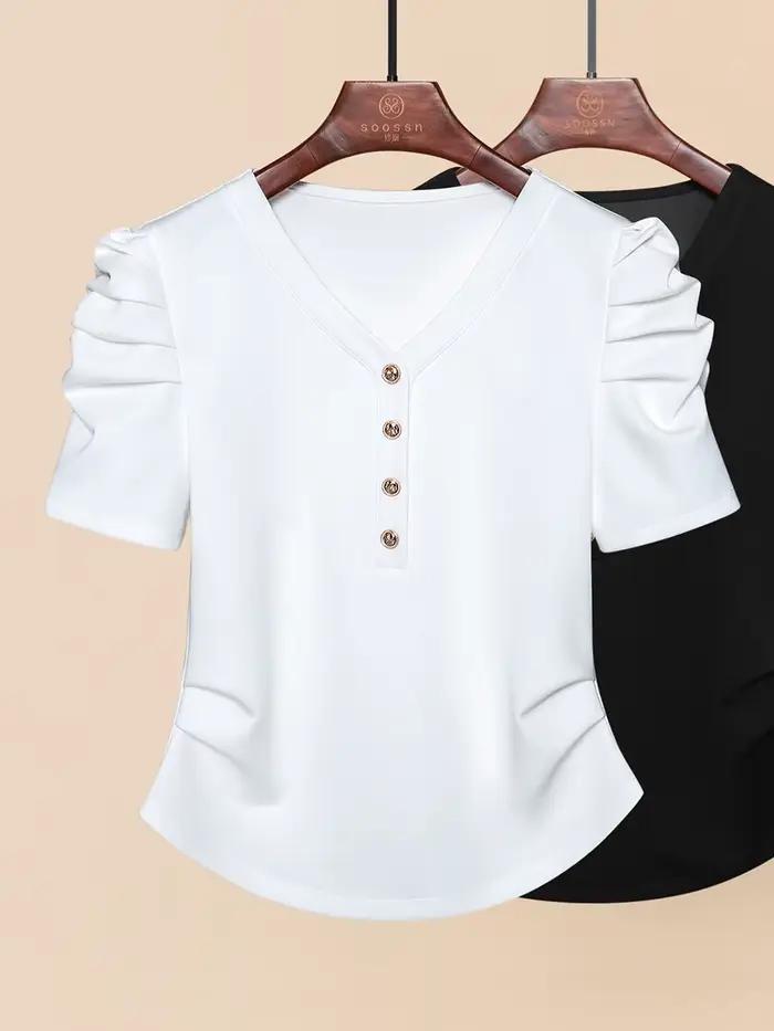 T-Shirt de Luxe à Col en V et Manches Bouffantes pour Femme