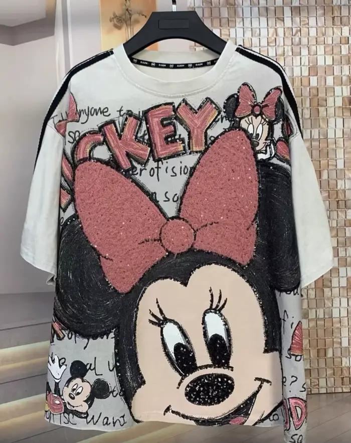 T-shirt ample à col rond imprimé de lettres et dessins animés à paillettes style industriel européen et américain pour femmes occassions spéciales