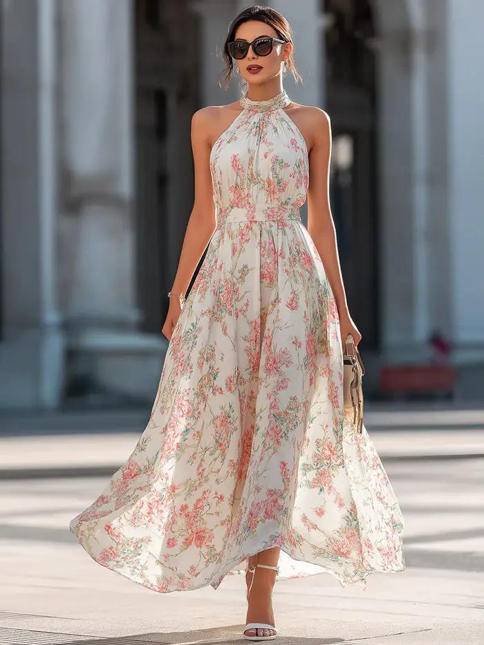 Robe longue maxi imprimé floral col halter pour femme style plage été cérémonie mariage soirée festive