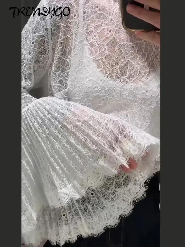 Chemises transparentes en dentelle à manches évasées pour femmes, sexy, ajouré, hauts solides, charmants vêtements de fête pour dames occasions spéciales