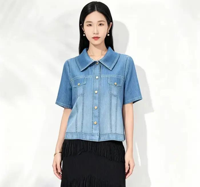 Chemise-veste en jean plissée Miyake à manches courtes pour femme – Nouvelle collection été