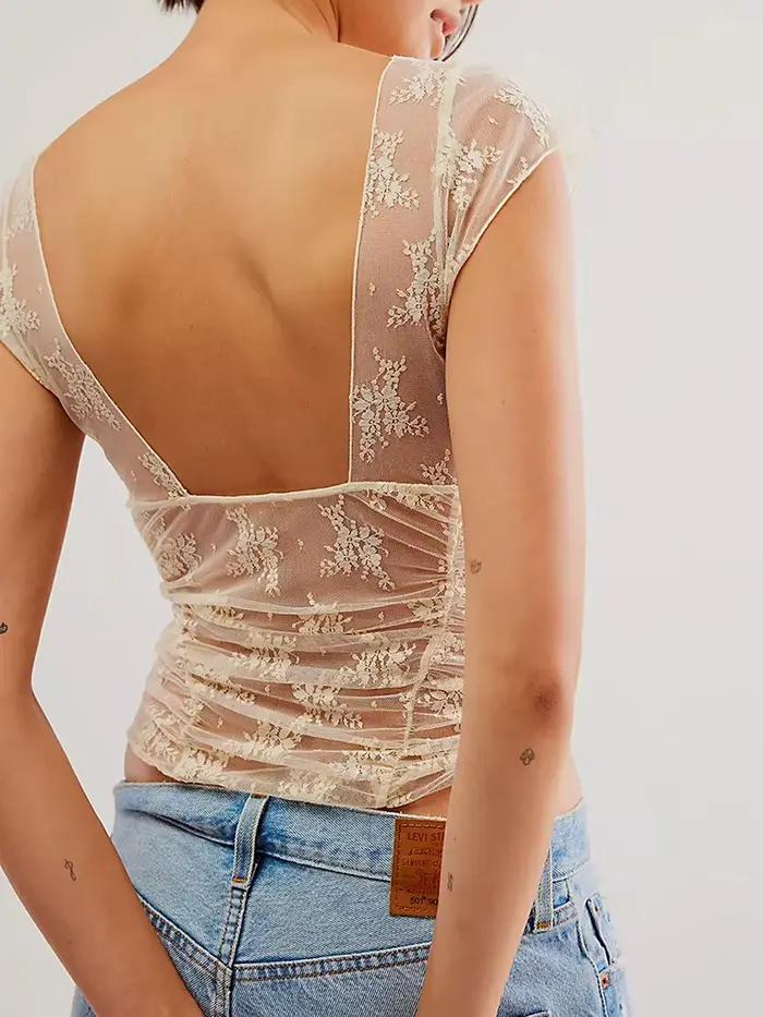 T-shirt en dentelle florale dos nu pour femme