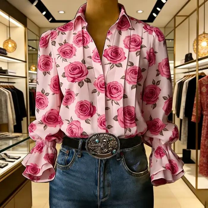 Chemise pour femme à imprimé rose, col en V, plissée, avec manches évasées et poignets élastiques pour un style décontracté toute l'année