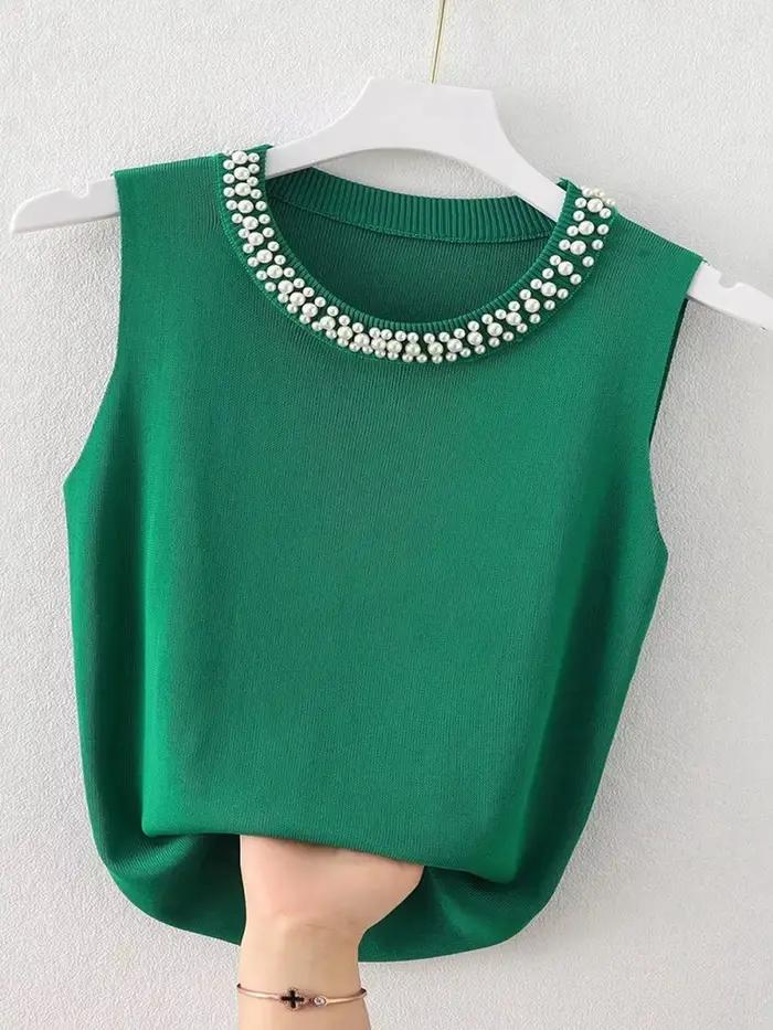 Corée tricoté gilets femmes haut solide réservoir Blusas Mujer De Moda été nouvelle mode femme sans manches perles décontracté mince hauts