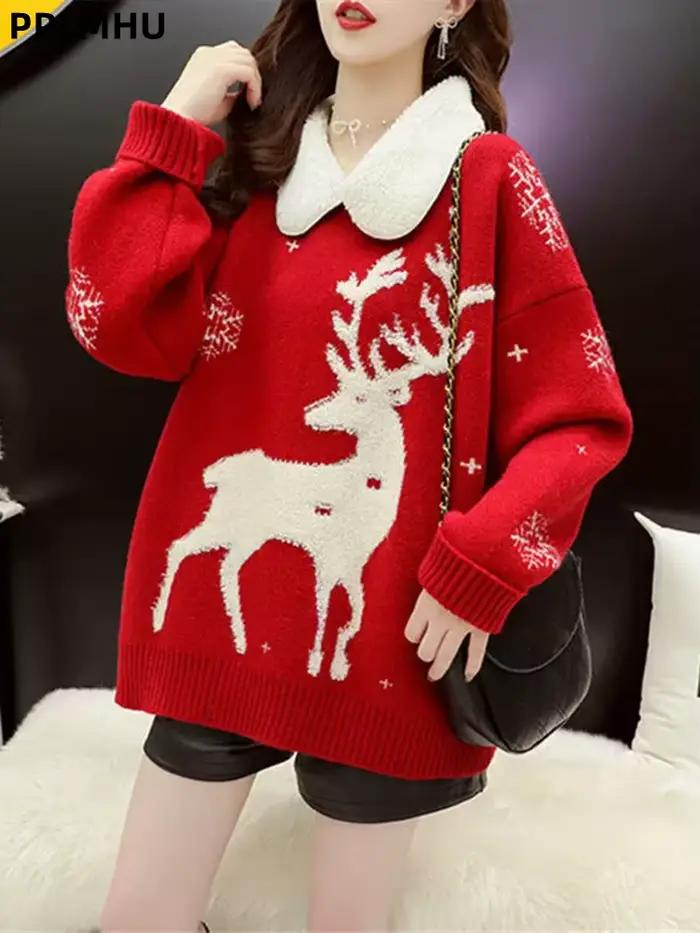 Pull tricoté de noël rouge pour femmes