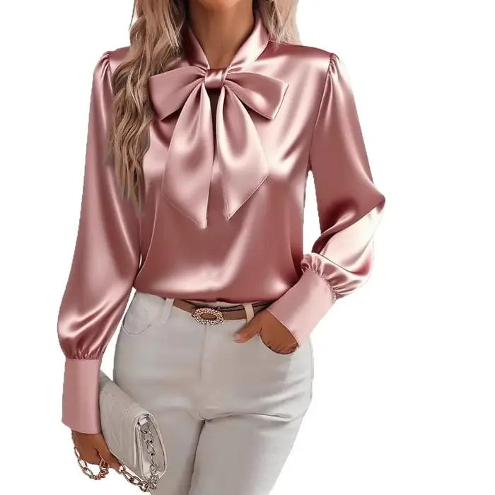 Chemisier décontracté femme polyester et coton avec nœud en satin pour printemps automne manches lanternes occassions spéciales
