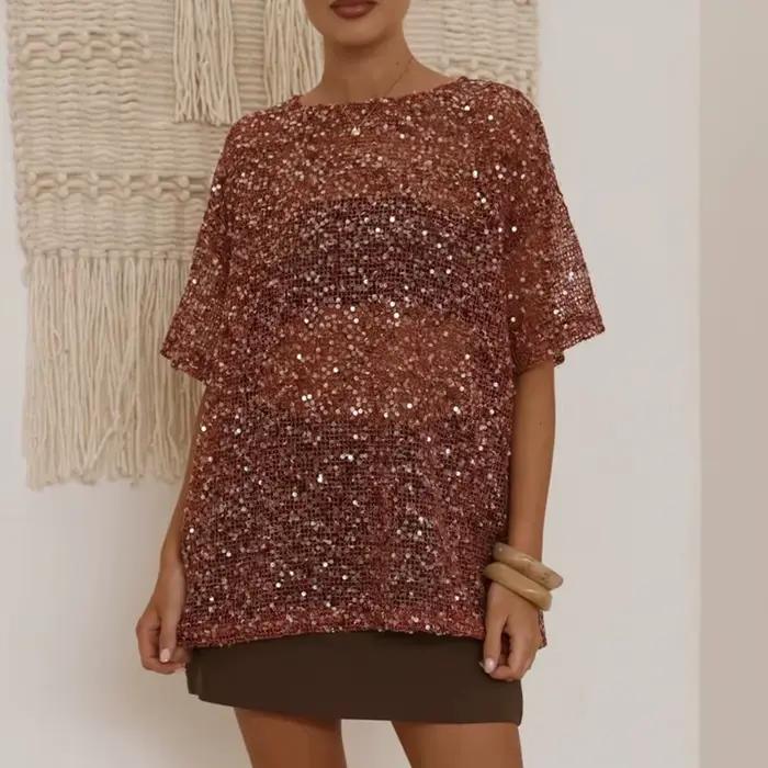 Hirigin T-shirt d'été à paillettes pour femme
