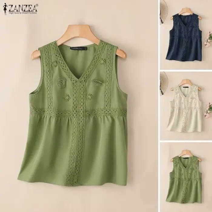 Débardeur ZANZEA en polyester et élasthanne décontracté avec décoration tridimensionnelle pour femmes, style bohème, élégant, adapté aux vacances et aux jours de plage