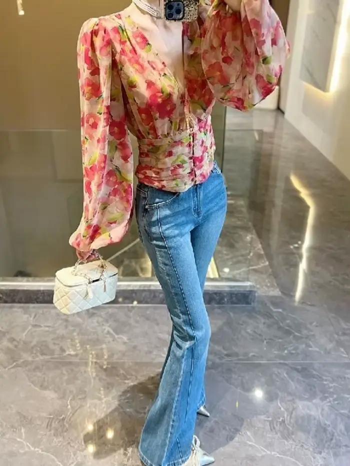 Chemisier à fleurs style français printemps automne col en V manches lanternes pour femmes occassions spéciales