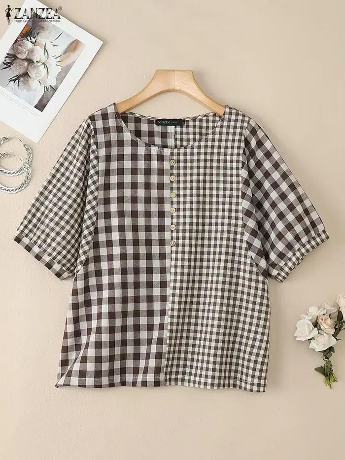 2025 été haut pour femme ZANZEA décontracté col rond chemise ample mode demi manches Plaid Blouse élégant travail Blusas