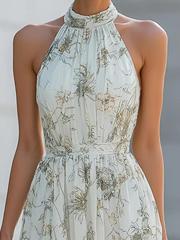 Robe longue maxi imprimé floral col halter pour femme style plage été cérémonie mariage soirée festive