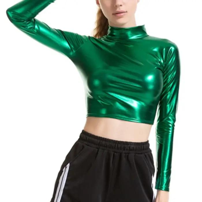 Haut court brillant métallique pour femmes, T-shirt à col montant, Polyester et élasthanne, pour soirées, fêtes et pole dance