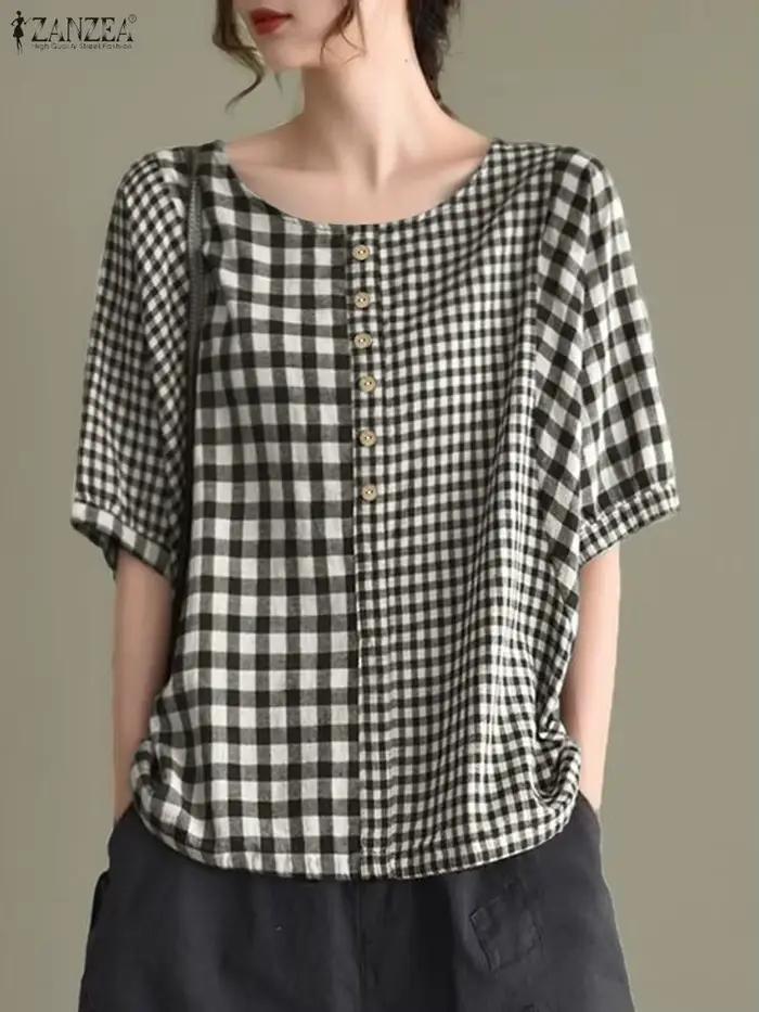 2025 été haut pour femme ZANZEA décontracté col rond chemise ample mode demi manches Plaid Blouse élégant travail Blusas