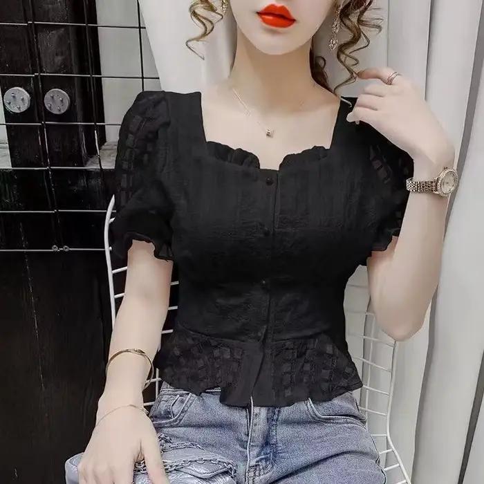 Haut à volants en polyester pour femmes, design décontracté, printemps été, taille moyenne, blanc ou noir, occasion spéciale, confort et élégance