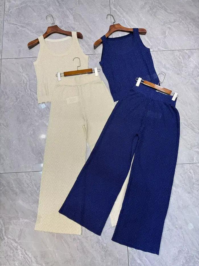 Haut tricoté métallique sans manches à motif chevron pour femme + pantalon à jambes larges à taille élastique