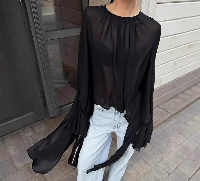 Chemisier en mousseline de soie noire pour femmes