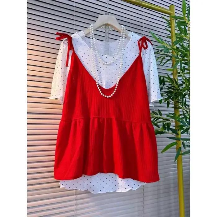 Chemise superposée pour femmes printemps automne avec volants et manches courtes à pois hauts polyester classiques occasions spéciales