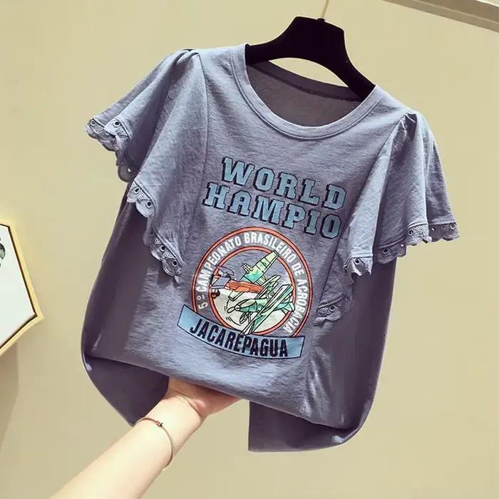 T-shirt ample et décontracté pour femme avec motif dessin animé et volants pour l'été