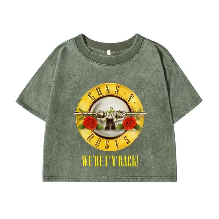 T-shirt Rose et Pistoles en coton pur pour femmes, style streetwear, courte longueur, imprimé délavé, coupe ample, pour occasions spéciales