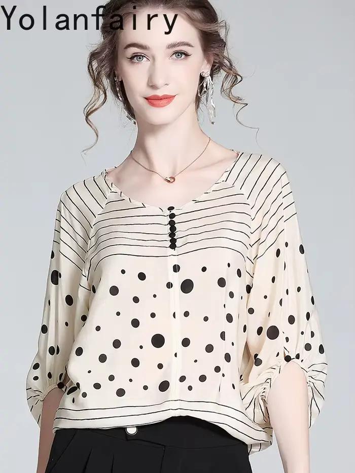 YOLANFAIRY 100% véritable chemisier en soie de mûrier pour femme été léger luxe mode à pois femmes hauts et chemisiers chemise décontractée