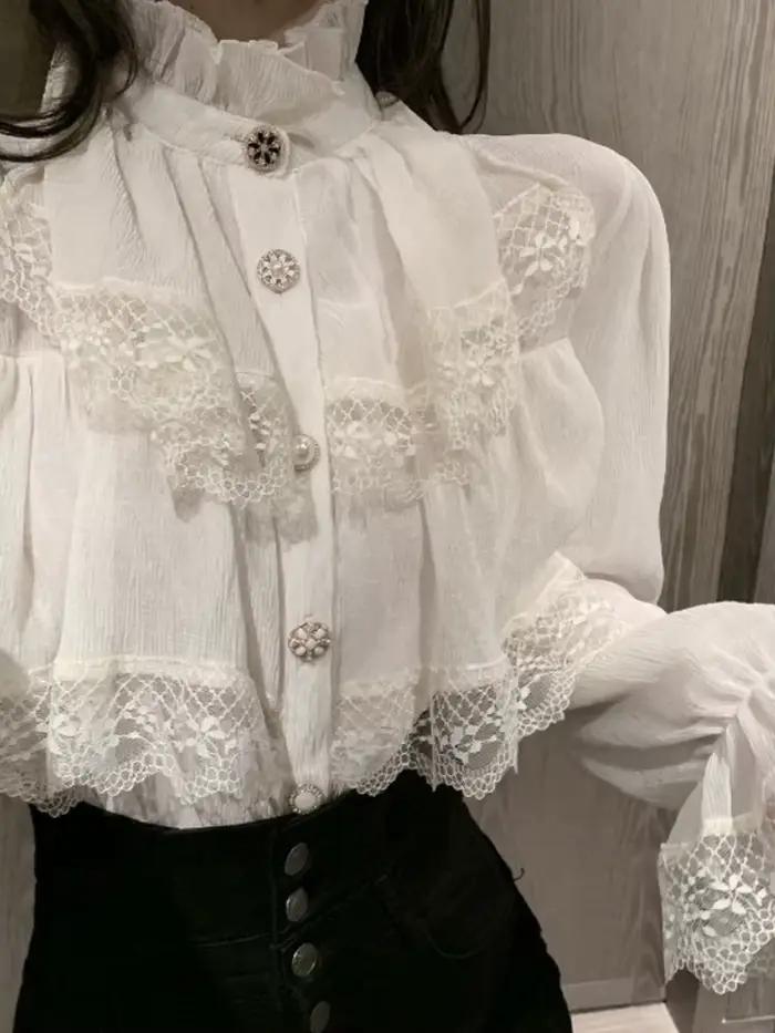 Orifice Goth-Chemisier en mousseline de soie à col montant pour femme