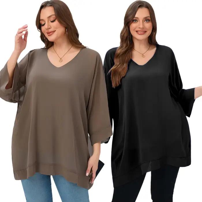 Femmes 3/4 manches été printemps élégant en mousseline de soie Blouse ample surdimensionné Cape