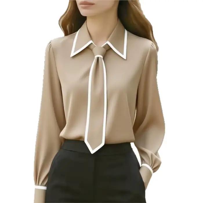 Chemisier pour femmes élégant avec nœud papillon formel et garniture contrastée pour le bureau occasions professionnelles