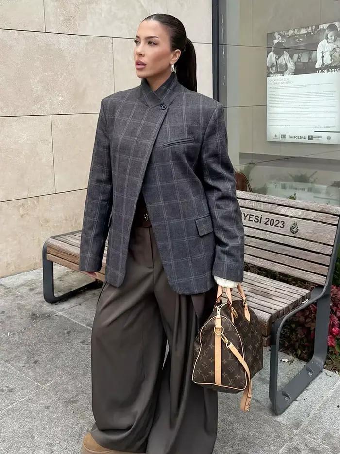 Blazer à carreaux printemps 2026 pour femme style tailleur élégant col montant polyester polyvalent occasions spéciales