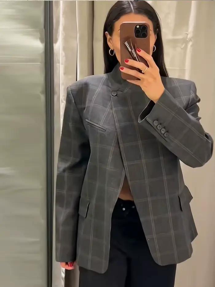 Blazer à carreaux printemps 2026 pour femme style tailleur élégant col montant polyester polyvalent occasions spéciales