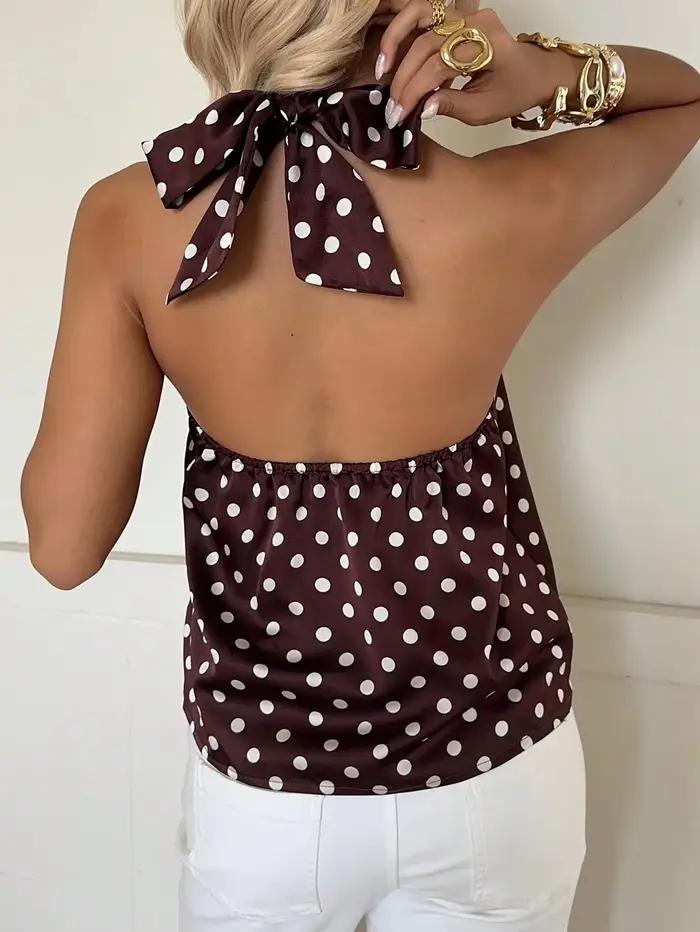 Haut en polyester non extensible à pois licou avec nœud pour femme pour les occasions estivales et printanières