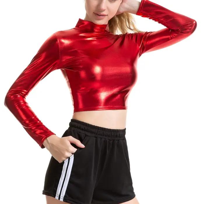 Haut court brillant métallique pour femmes, T-shirt à col montant, Polyester et élasthanne, pour soirées, fêtes et pole dance