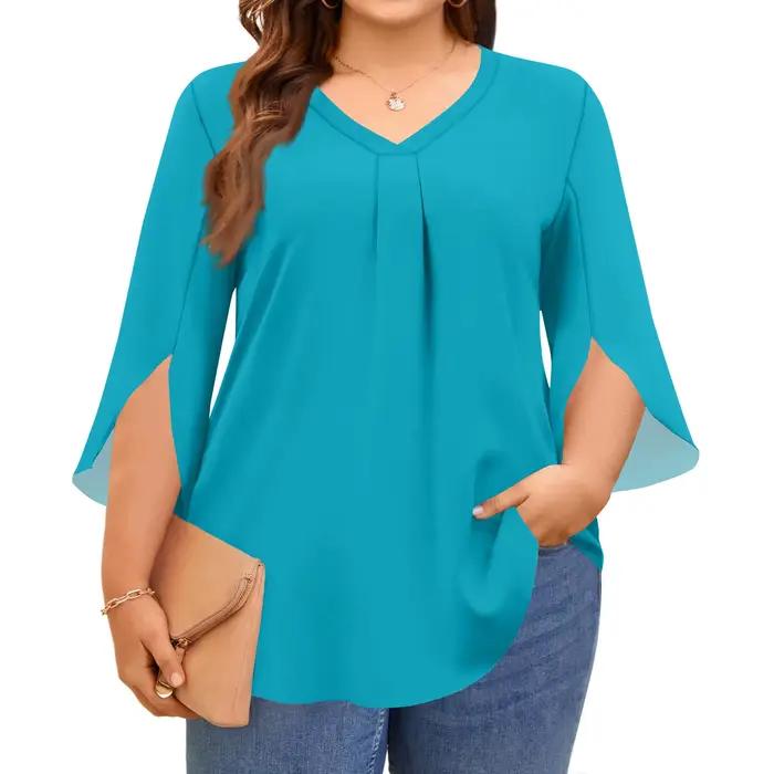 Grande taille hauts pour femmes col en v manches 3/4 couleur unie petit haut élégant pétale