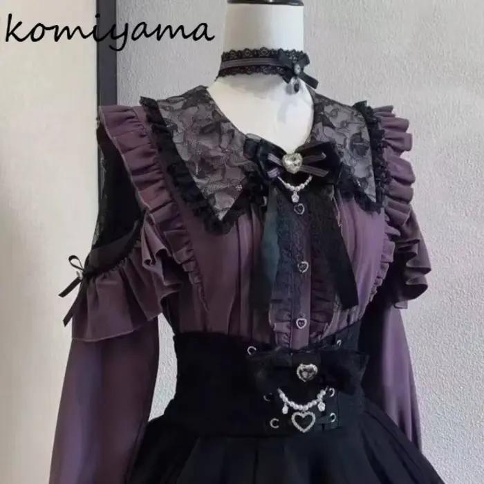 Chemisiers et blouses Lolita à nœud et dentelle pour femme style kawaii japonais avec boutons cœur nouveaux hauts printemps et automne occasions spéciales