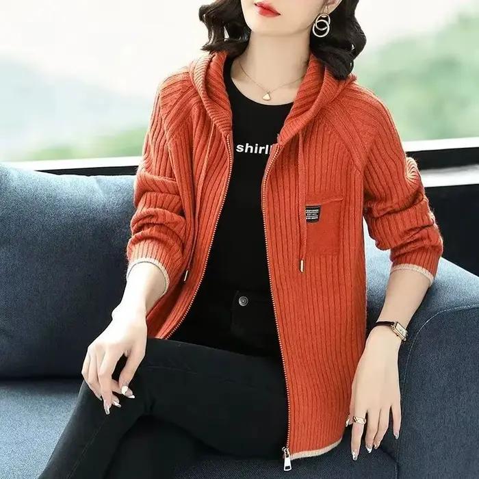 Pull tricoté femme avec fermeture éclair tenue de bureau haut manches longues pour travailler nouveau en tricots vestes élégantes Cardigan à capuche pour les femmes