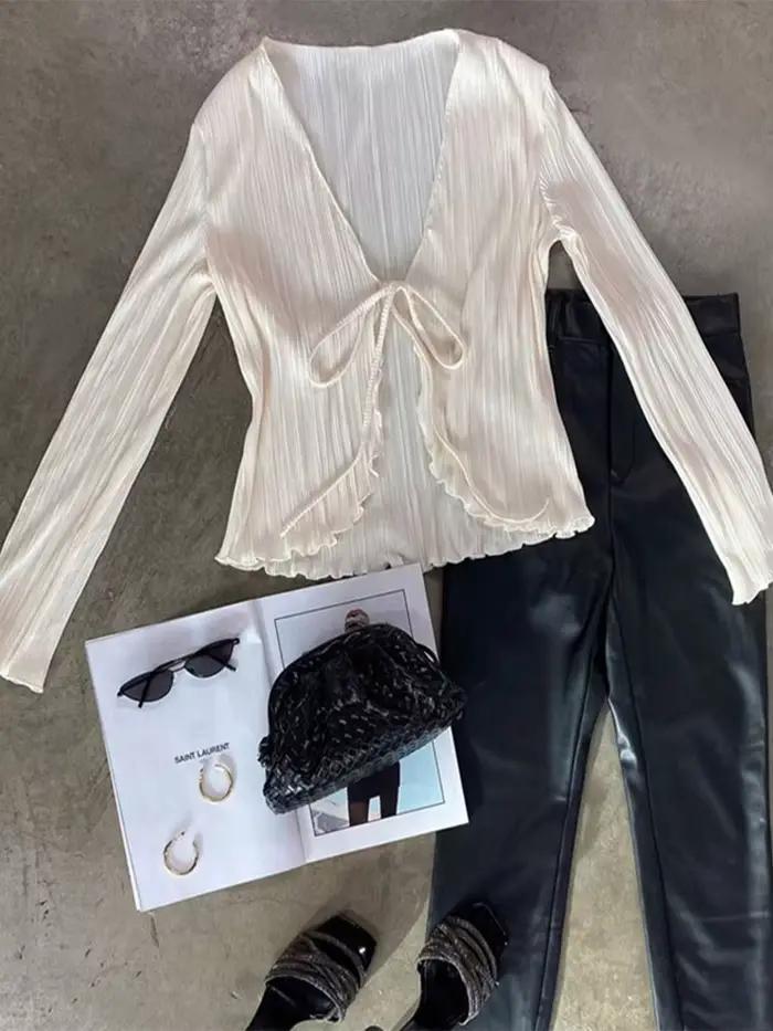 2025 femmes plissées plaine chemises printemps automne Chic manches longues évasées col en v cravate Cardigans hauts pour fête décontractée rue