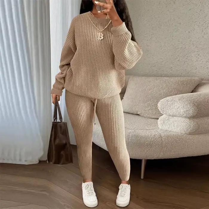 Ensemble deux pièces pull tricoté pour femmes, automne hiver, manches longues, col rond + pantalon slim, tenue décontractée en tricot, vêtements de maison