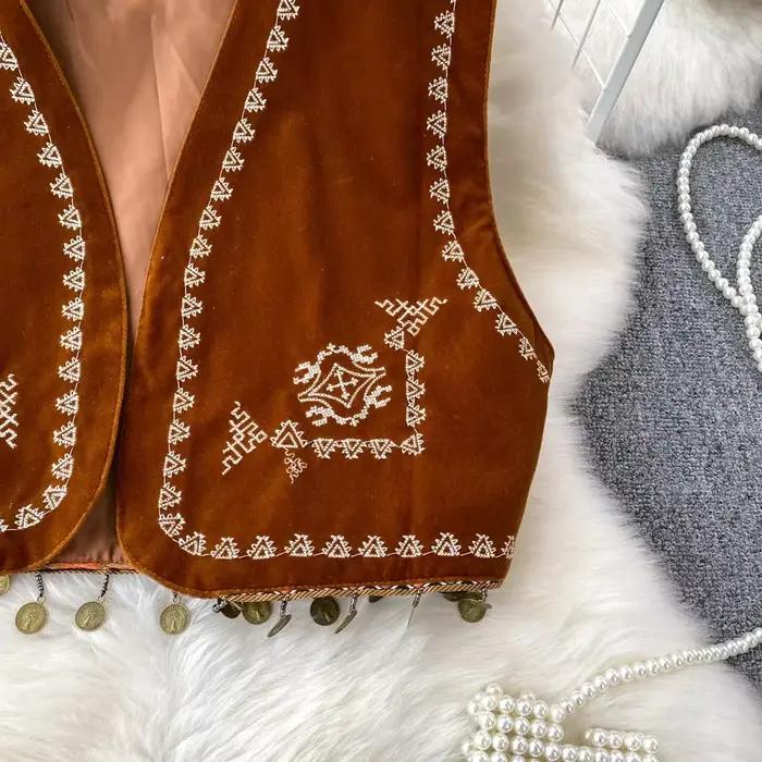 Gilet en coton et polyester imprimé Dancing JL Ants col en V style folk vintage pour femmes occasions spéciales