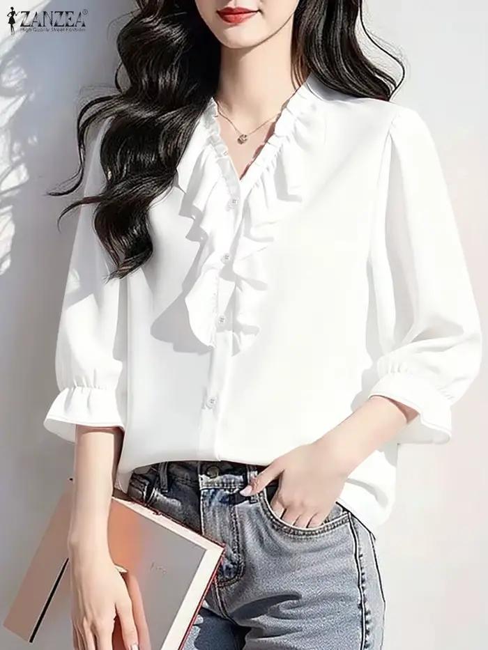 Chemise ZANZEA en polyester et élasthanne à col en V avec volants pour femmes, blouse décontractée et élégante pour bureau et occasions spéciales