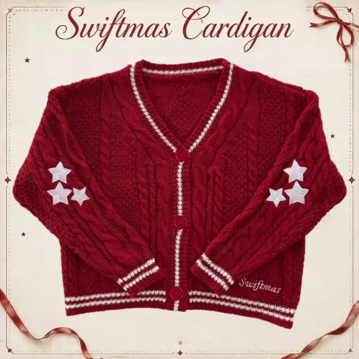 Cardigan Rouge Brodé d'Etoiles Pour Femme Décontracté En Acrylique Et Polyester Pour Les Fêtes De Fin D'Année Occasions Spéciales Et Tenues Polyvalentes