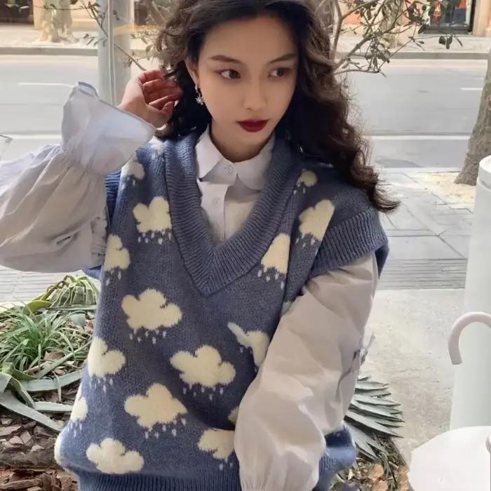 Automne sans manches nuage imprimé pull en tricot femmes gilet pull ample col en v tricoté chandails haut vêtements d'hiver femmes 15990