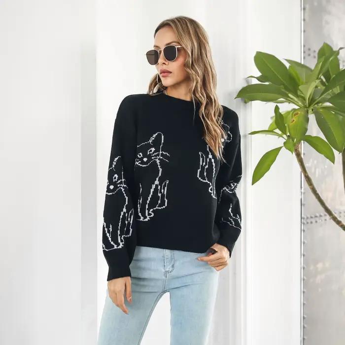 Pull jacquard chat mignon ample pour femme automne hiver décontracté style moderne nouveau modèle occasions spéciales