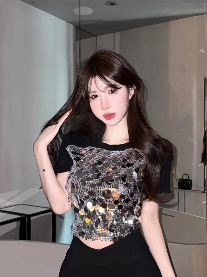 Slim noir hauts femme Sexy culture liquidation Y2k mode corée pulls tendance vêtements Vintage Kpop t-shirt pour les femmes