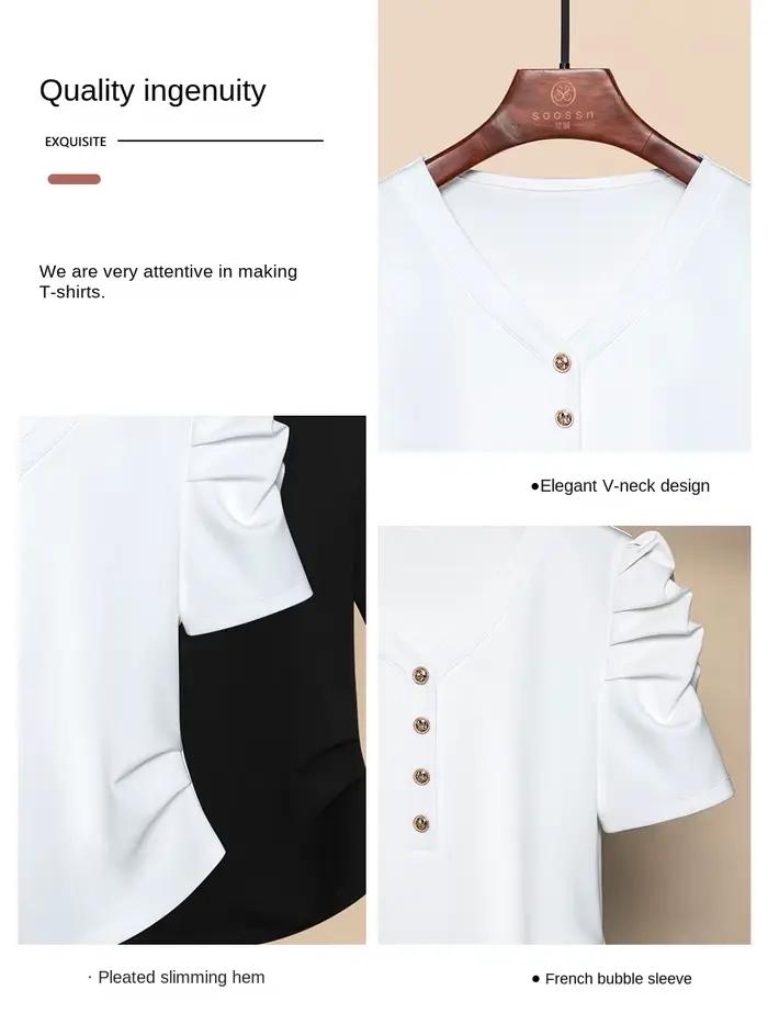 T-Shirt de Luxe à Col en V et Manches Bouffantes pour Femme