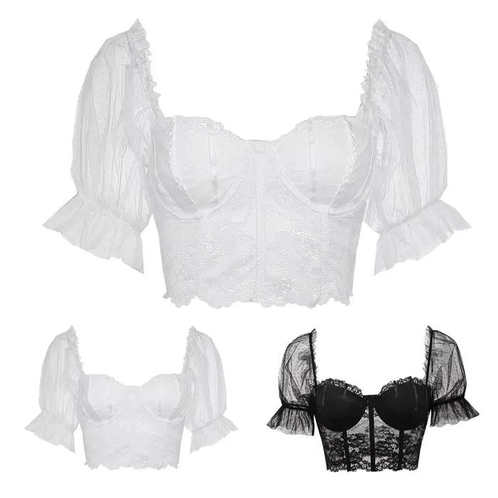 Femmes Blouses Sexy bavarois Oktoberfest hauts à manches courtes pur blanc dentelle