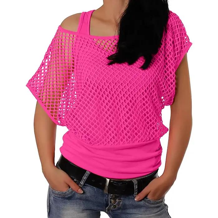 Femmes années 80 Disco néon résille t-shirts hauts à manches courtes évider maille haut court Sexy Punk Camisole couverture Rave fête Clubwear