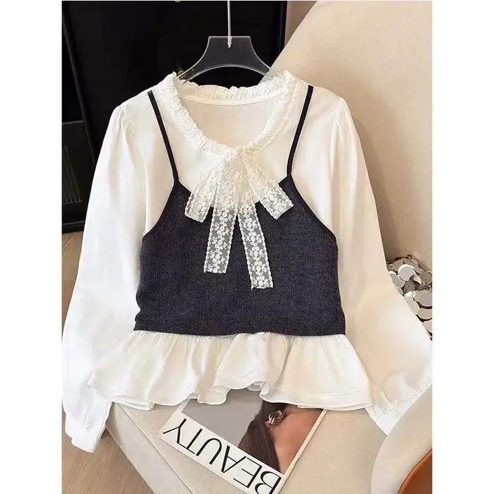 Ensemble chemise et camisole côtelée marron pour femme décontracté printemps automne élégant occassions spéciales