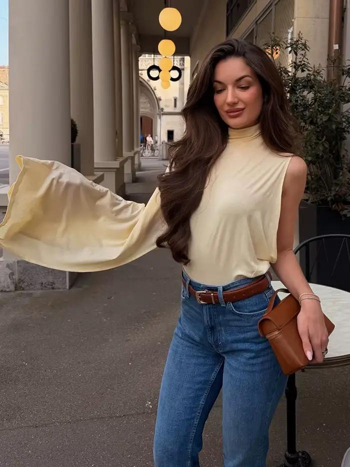 HH Femme 2026 Printemps Mode Haut Polyvalent à Col Montant et Drapé Asymétrique Élégant Coupe Slim Style Urbain Décontracté et Soirée