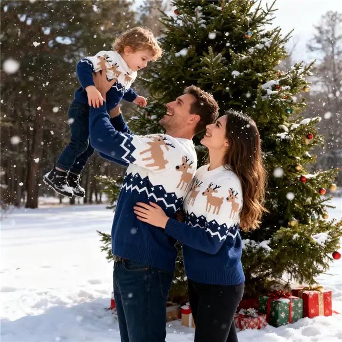 Pull de Noël Wapiti imprimé en coton et polyester pour enfants et adultes, ensemble familial assorti pour les occasions spéciales