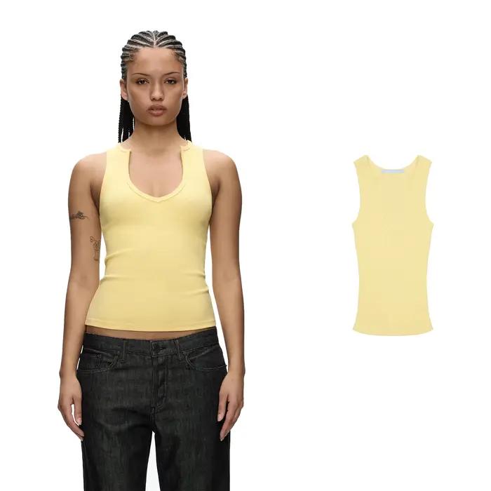Débardeur côtelé pour femme junior avec col en V et bordure brute polyvalent en plusieurs couleurs et tailles