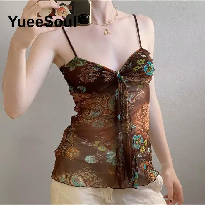 Vintage marron haut court femmes 2025 nouveau imprimé sans manches mince débardeurs été Y2K doux mignon décontracté Streetwear femme vêtements